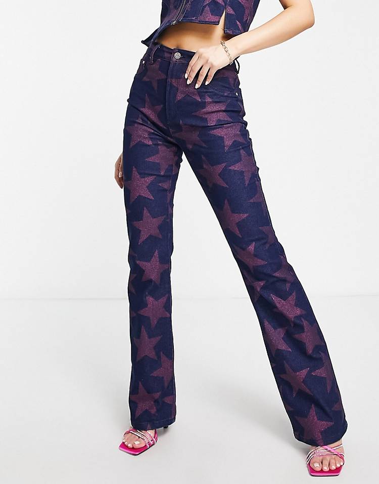 AFRM washed denim star print bustier and boot cut jeans set in multi